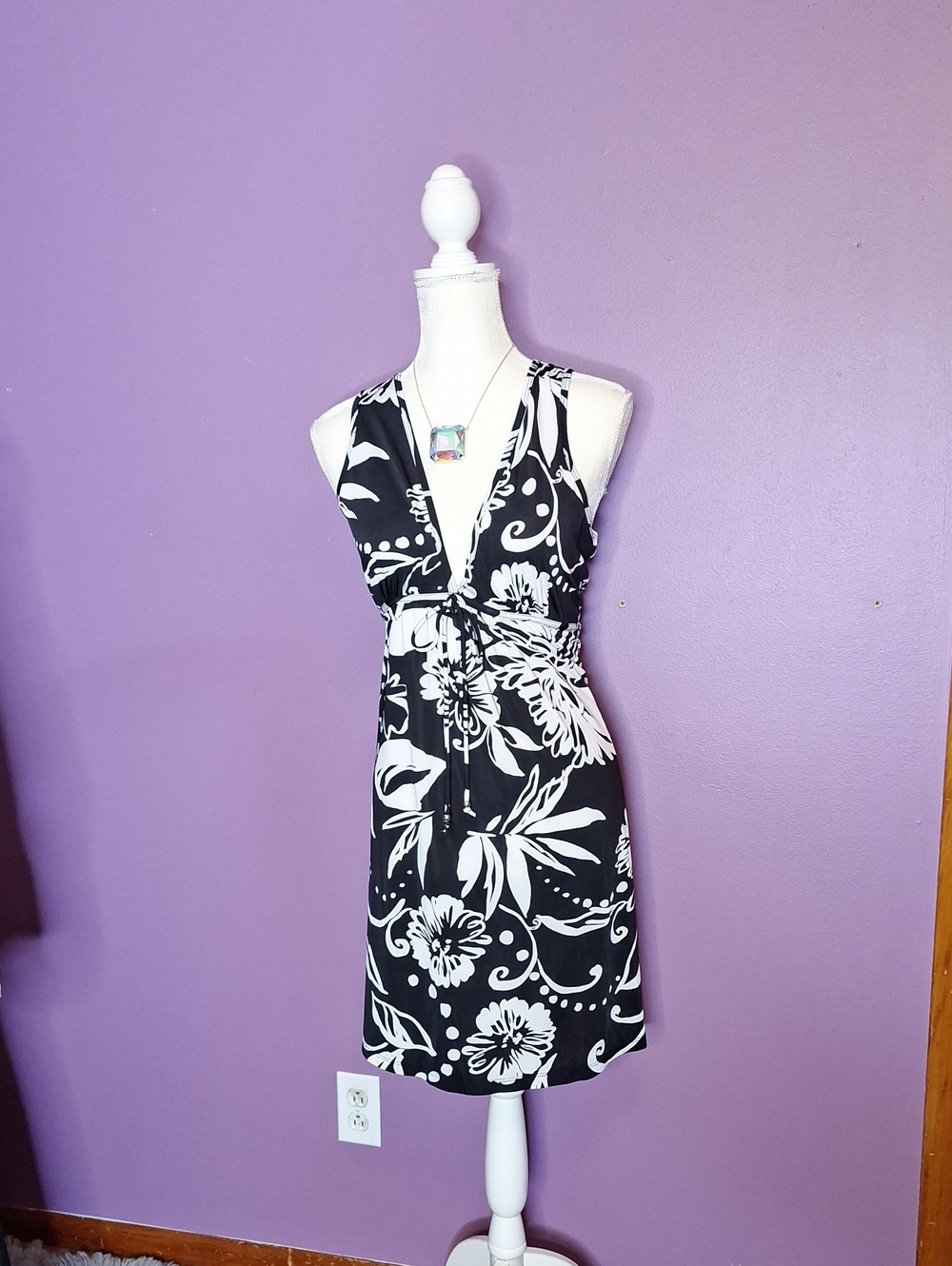 Jessica Black and White Floral Halter Mini Dress